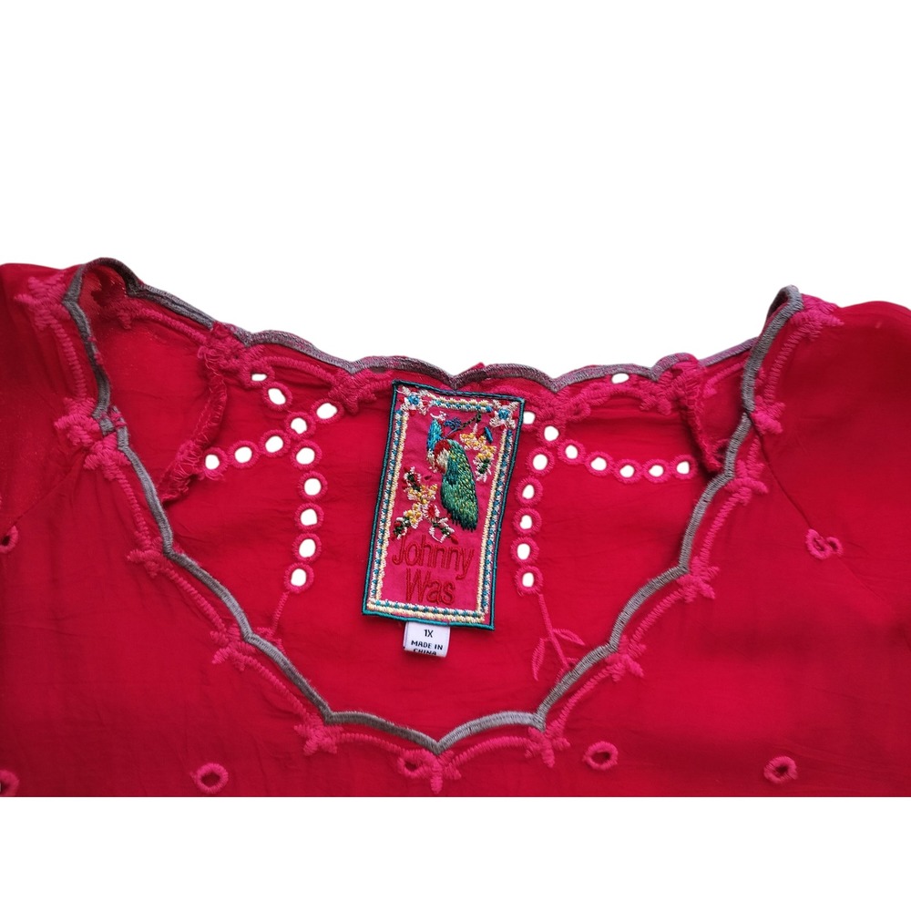 Johnny Was C13579 Red Embroidered Tunic Top 1X Plus Size 100% Cupra Rayon Boho - Picture 4 of 12